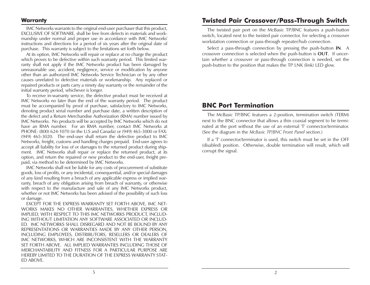 Twisted pair crossover/pass-through switch, Bnc port termination | IMC Networks TP User Manual | Page 5 / 12
