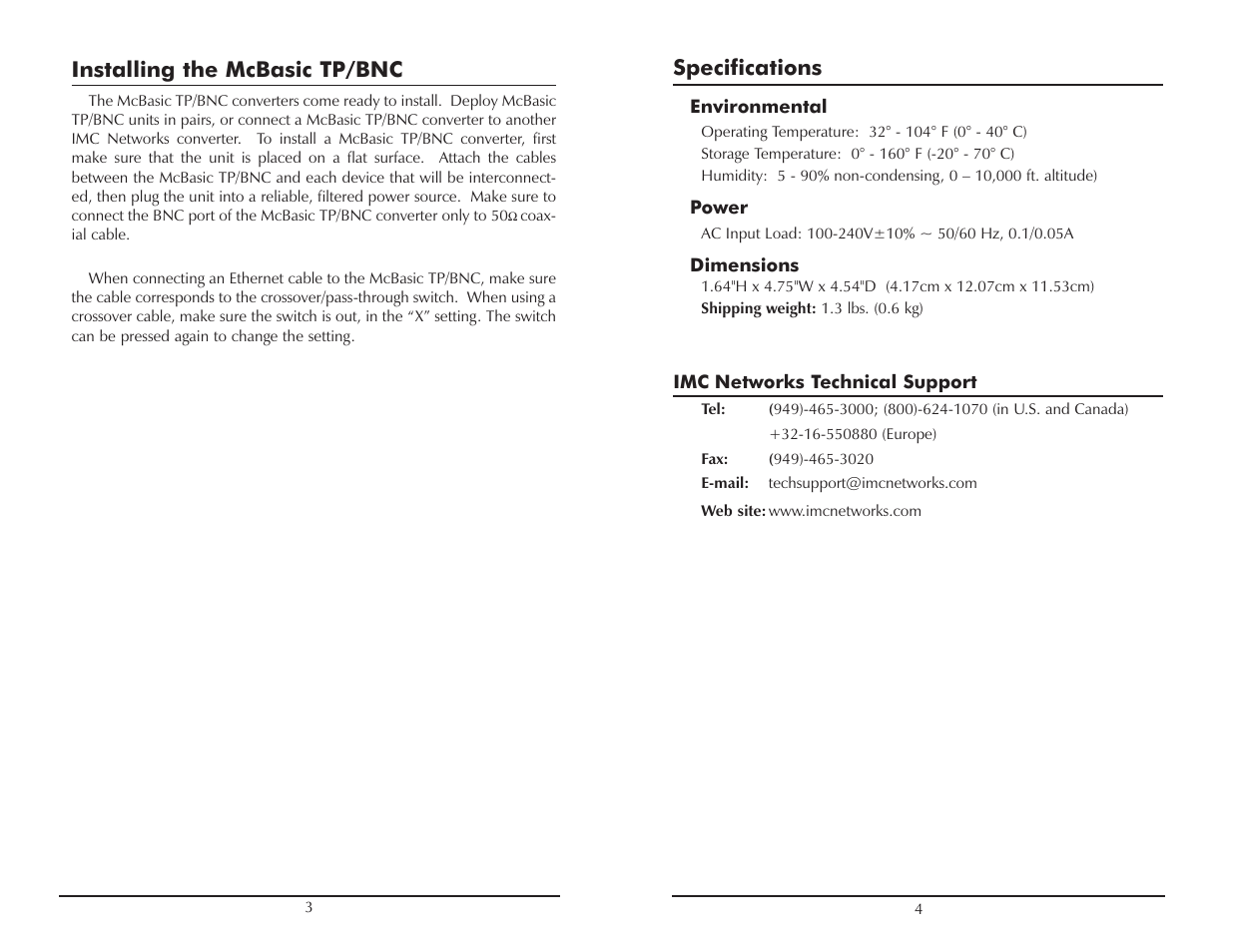 Specifications, Installing the mcbasic tp/bnc | IMC Networks TP User Manual | Page 7 / 12