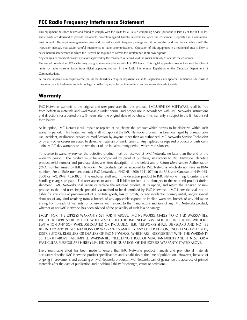 Ii fcc radio frequency interference statement, Warranty | IMC Networks E1 User Manual | Page 2 / 24