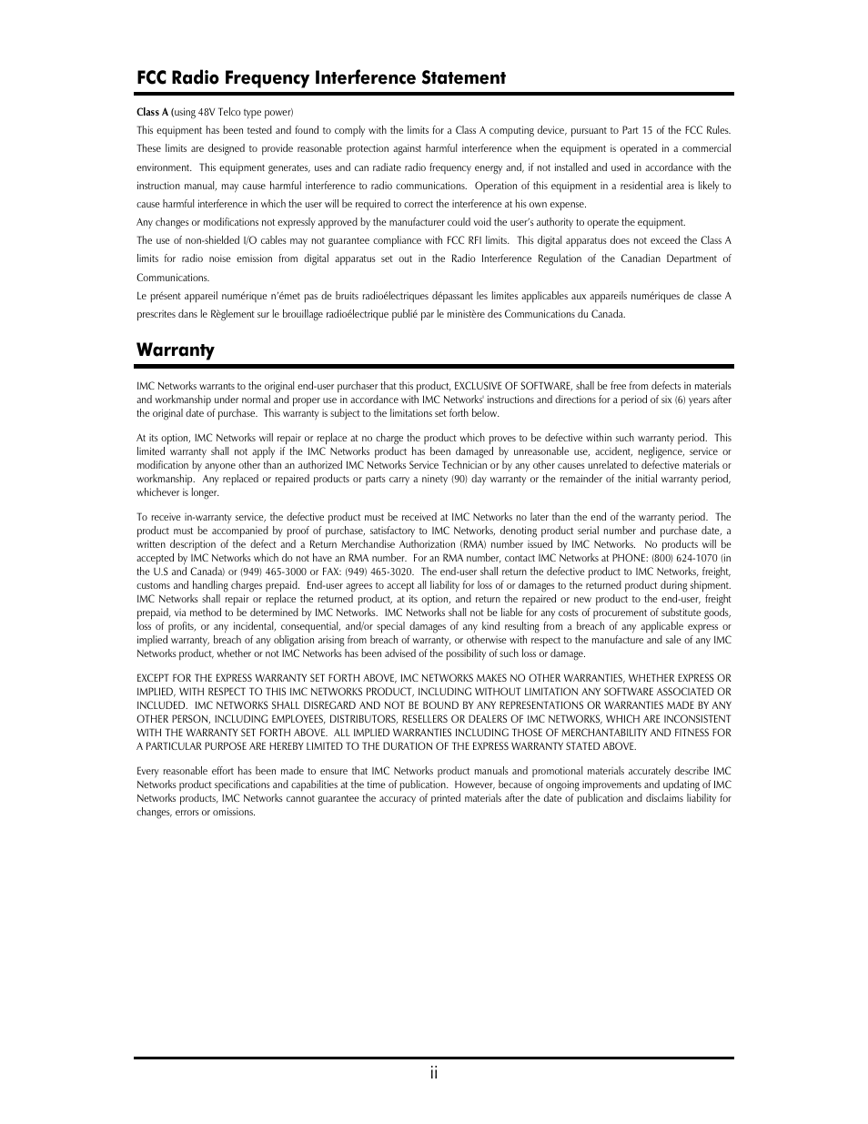 Ii fcc radio frequency interference statement, Warranty | IMC Networks IE-IMCV User Manual | Page 2 / 60