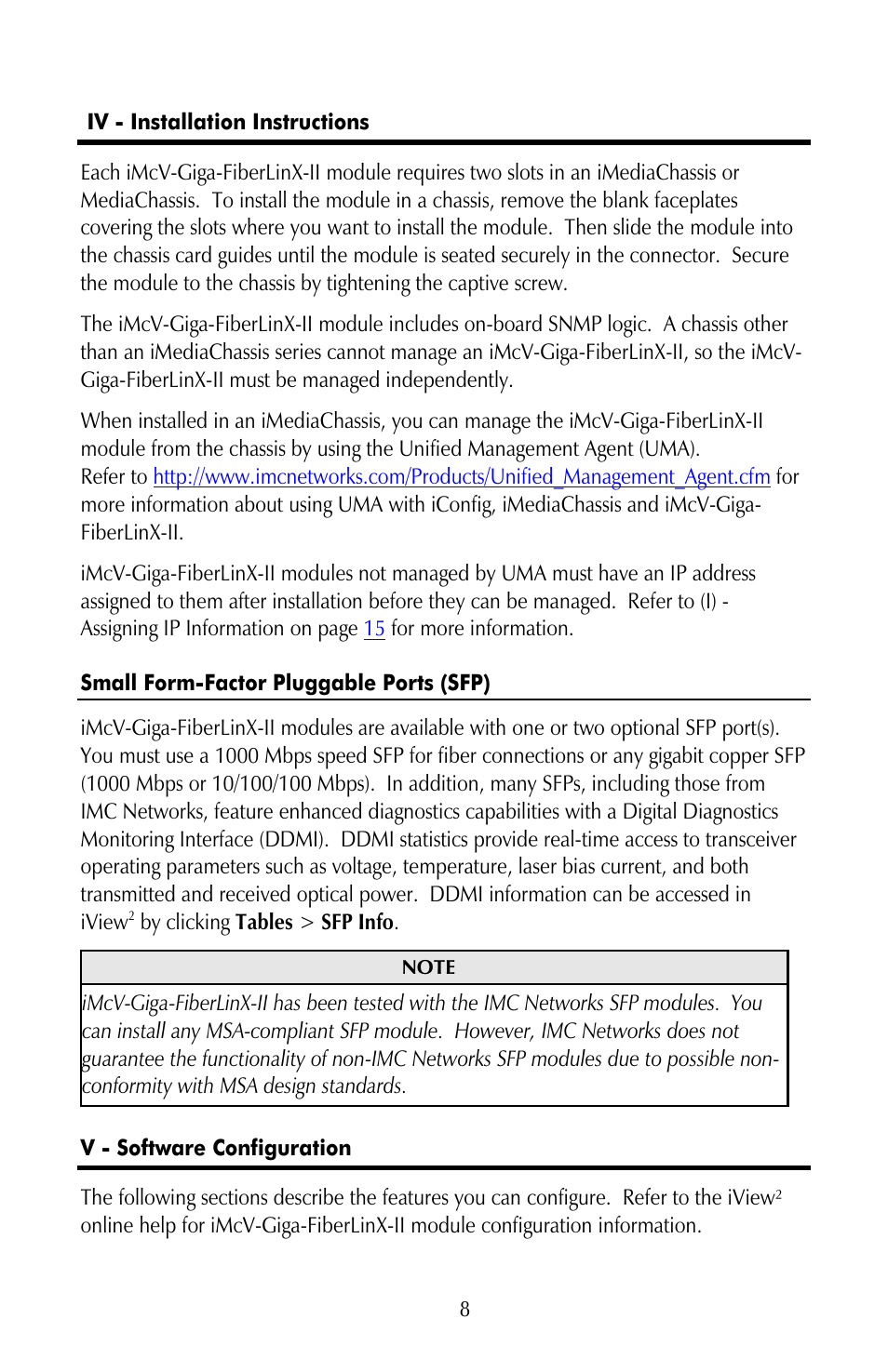Iv - installation instructions, Small form-factor pluggable ports (sfp), V - software configuration | IMC Networks iMcV-Giga-FiberLinX-II User Manual | Page 12 / 60