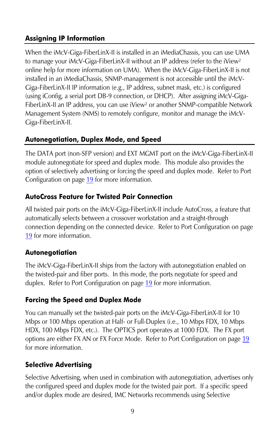 Assigning ip information, Autonegotiation, duplex mode, and speed, Autocross feature for twisted pair connection | Autonegotiation, Forcing the speed and duplex mode, Selective advertising | IMC Networks iMcV-Giga-FiberLinX-II User Manual | Page 13 / 60