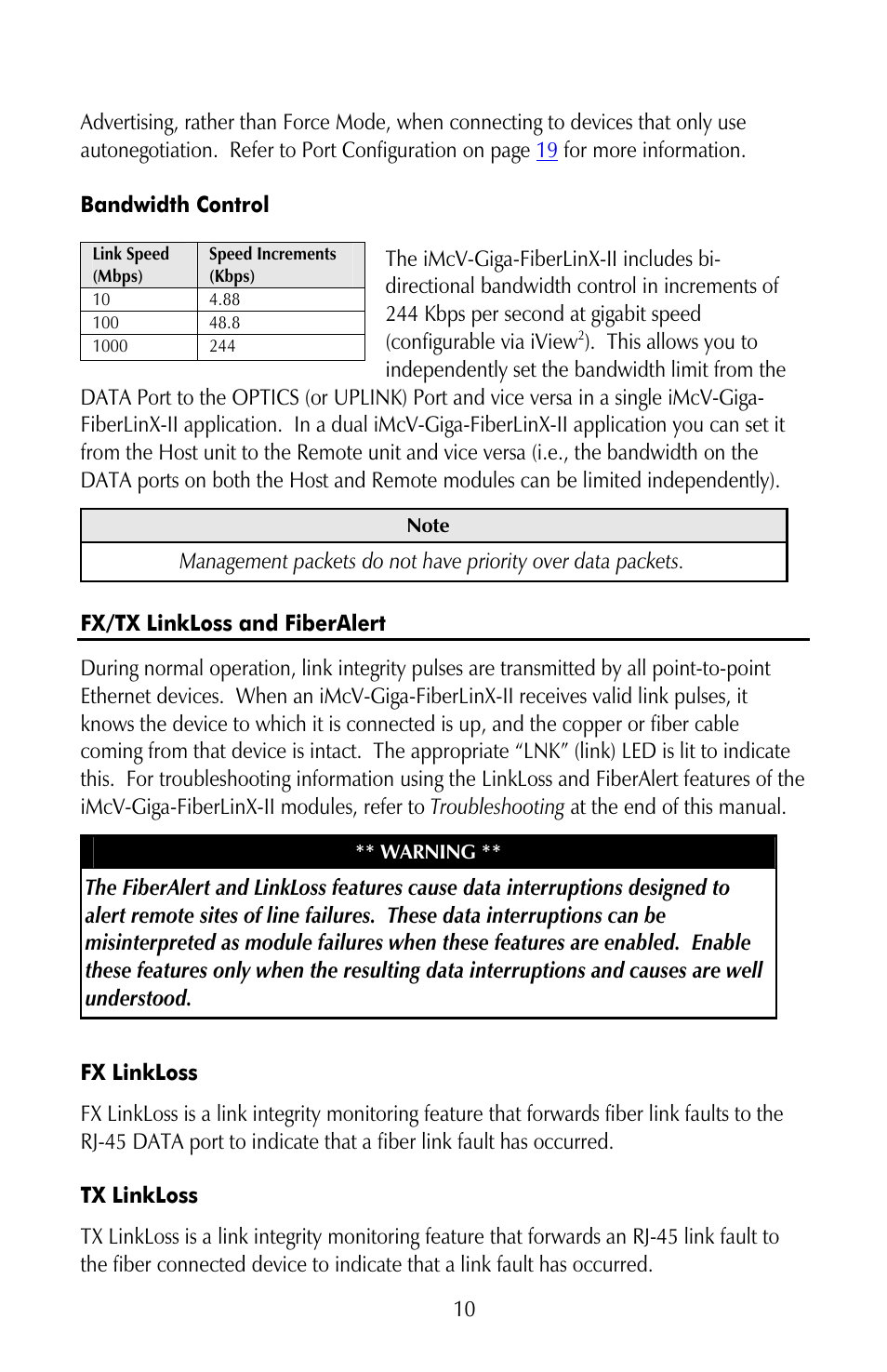 Bandwidth control, Fx/tx linkloss and fiberalert, Fx linkloss | Tx linkloss | IMC Networks iMcV-Giga-FiberLinX-II User Manual | Page 14 / 60