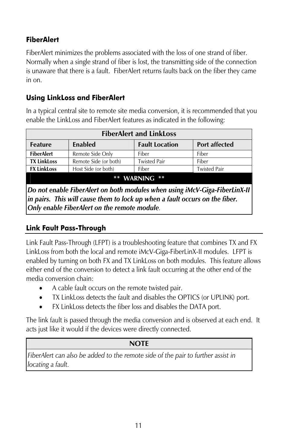 Fiberalert, Using linkloss and fiberalert, Link fault pass-through | IMC Networks iMcV-Giga-FiberLinX-II User Manual | Page 15 / 60