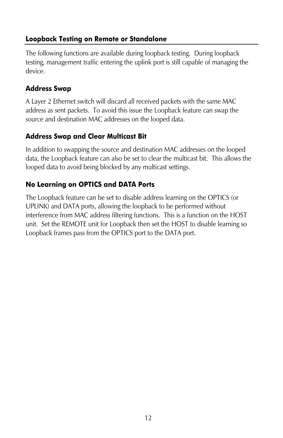 Loopback testing on remote or standalone, Address swap, Address swap and clear multicast bit | No learning on optics and data ports | IMC Networks iMcV-Giga-FiberLinX-II User Manual | Page 16 / 60