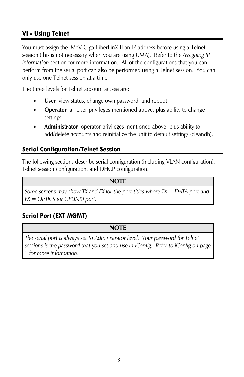 Vi - using telnet, Serial configuration/telnet session, Serial port (ext mgmt) | IMC Networks iMcV-Giga-FiberLinX-II User Manual | Page 17 / 60