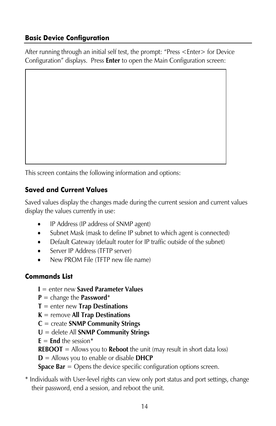 Basic device configuration, Saved and current values, Commands list | IMC Networks iMcV-Giga-FiberLinX-II User Manual | Page 18 / 60