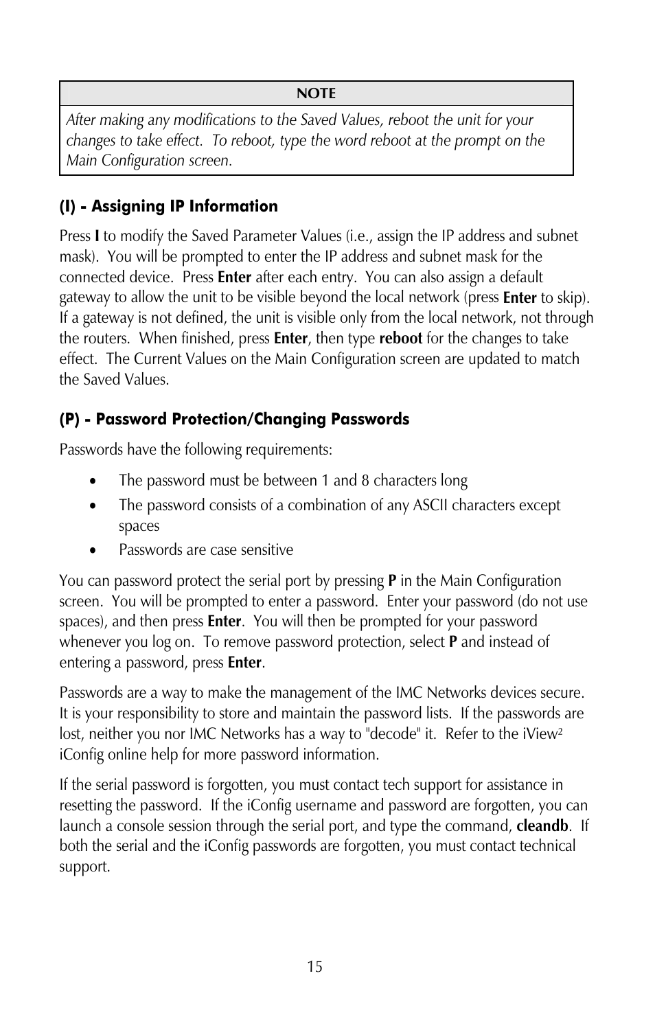 I) - assigning ip information, P) - password protection/changing passwords | IMC Networks iMcV-Giga-FiberLinX-II User Manual | Page 19 / 60