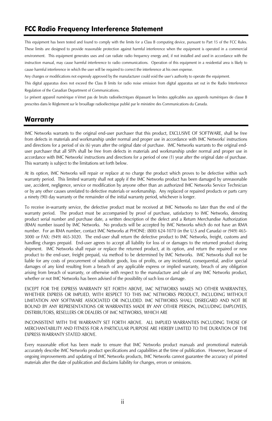Fcc radio frequency interference statement, Warranty | IMC Networks iMcV-Giga-FiberLinX-II User Manual | Page 2 / 60