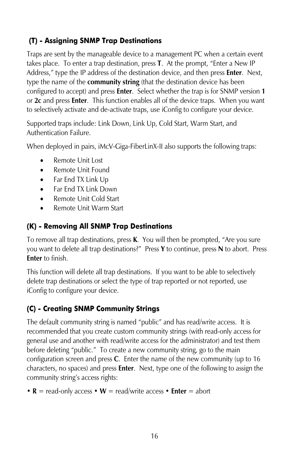 T) - assigning snmp trap destinations, K) - removing all snmp trap destinations, C) - creating snmp community strings | IMC Networks iMcV-Giga-FiberLinX-II User Manual | Page 20 / 60