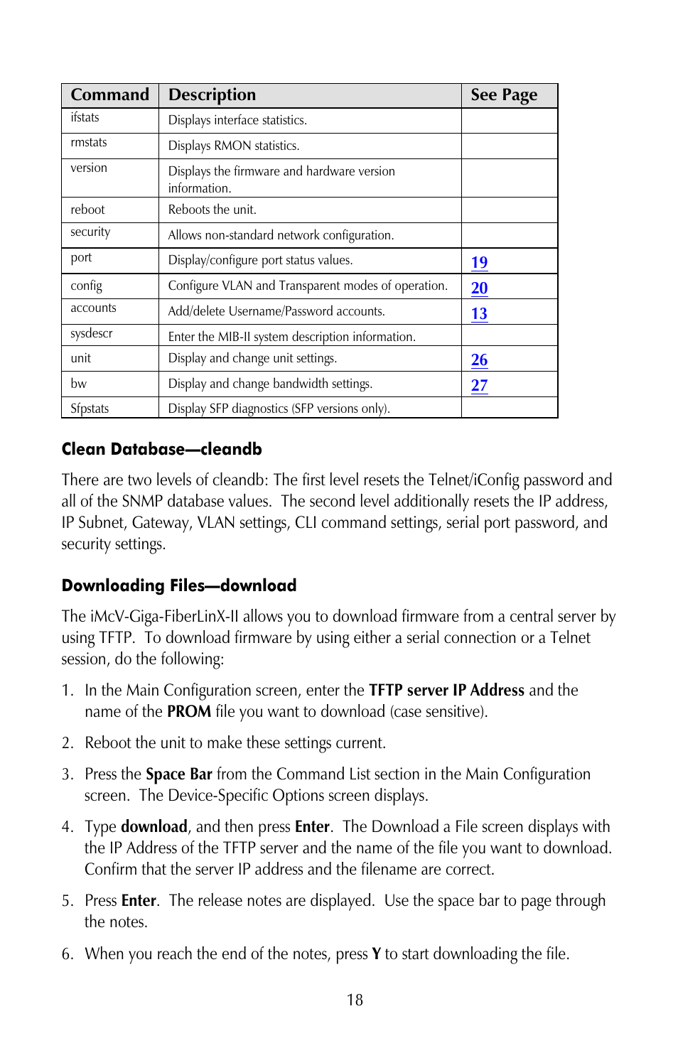 Clean database—cleandb, Downloading files—download, 18 command description see page | IMC Networks iMcV-Giga-FiberLinX-II User Manual | Page 22 / 60