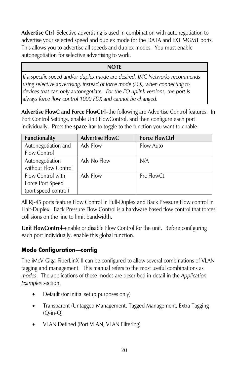 Mode configuration—config | IMC Networks iMcV-Giga-FiberLinX-II User Manual | Page 24 / 60