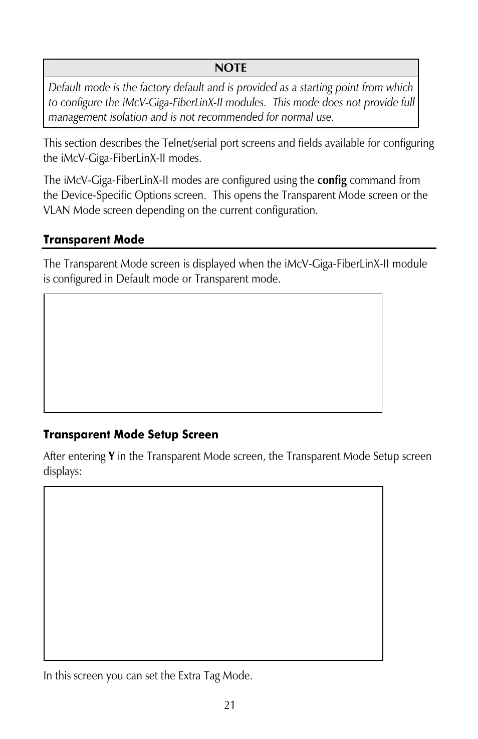 Transparent mode, Transparent mode setup screen | IMC Networks iMcV-Giga-FiberLinX-II User Manual | Page 25 / 60