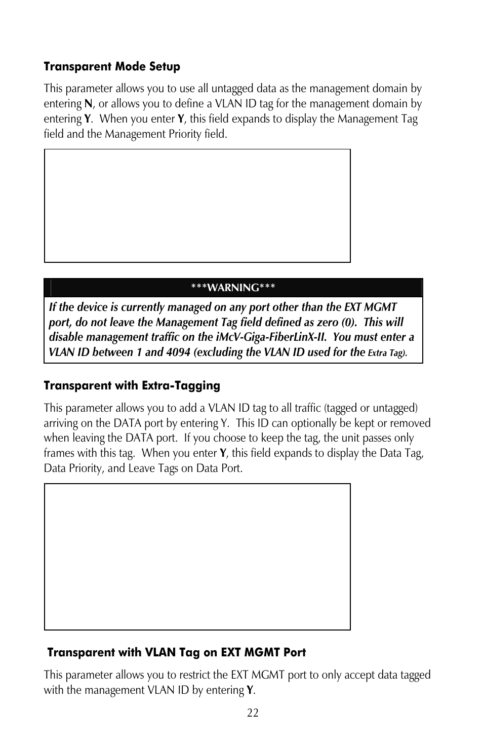 Transparent mode setup, Transparent with extra-tagging, Transparent with vlan tag on ext mgmt port | IMC Networks iMcV-Giga-FiberLinX-II User Manual | Page 26 / 60