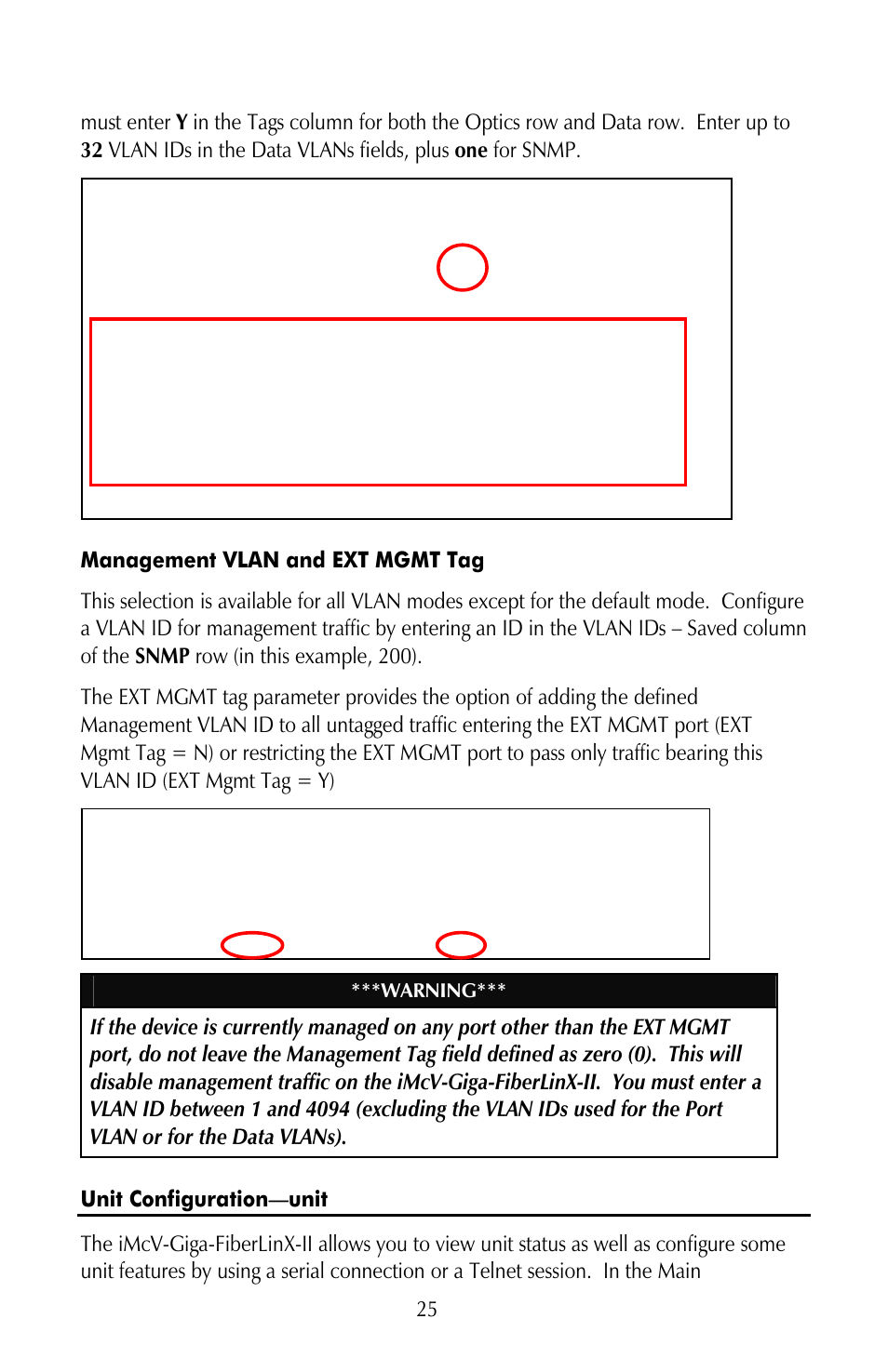 Management vlan and ext mgmt tag, Unit configuration—unit, Warning | IMC Networks iMcV-Giga-FiberLinX-II User Manual | Page 29 / 60