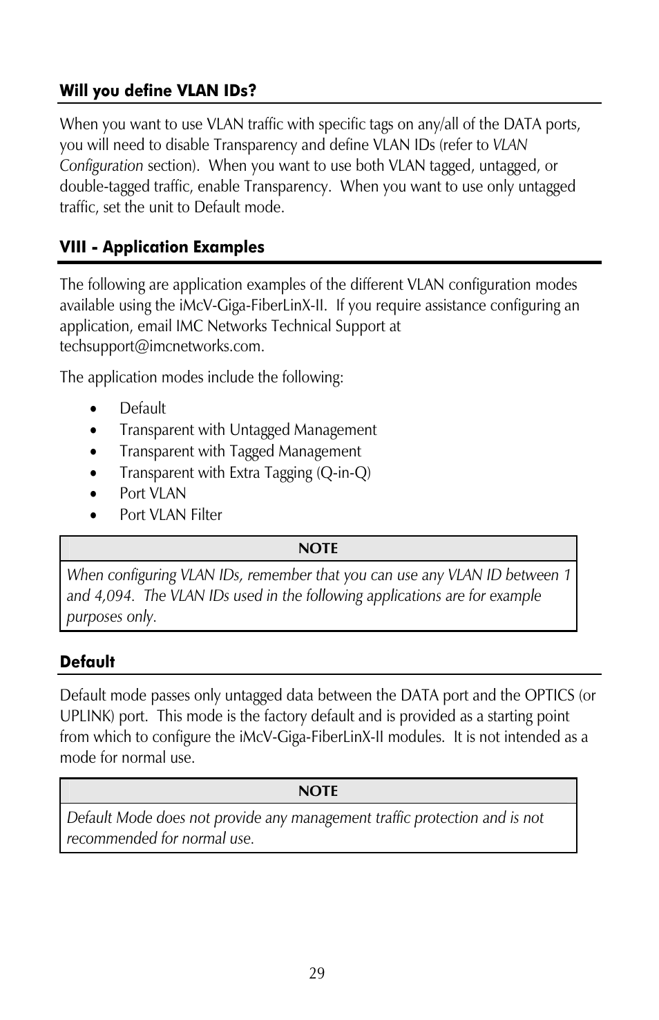 Will you define vlan ids, Viii - application examples, Default | IMC Networks iMcV-Giga-FiberLinX-II User Manual | Page 33 / 60