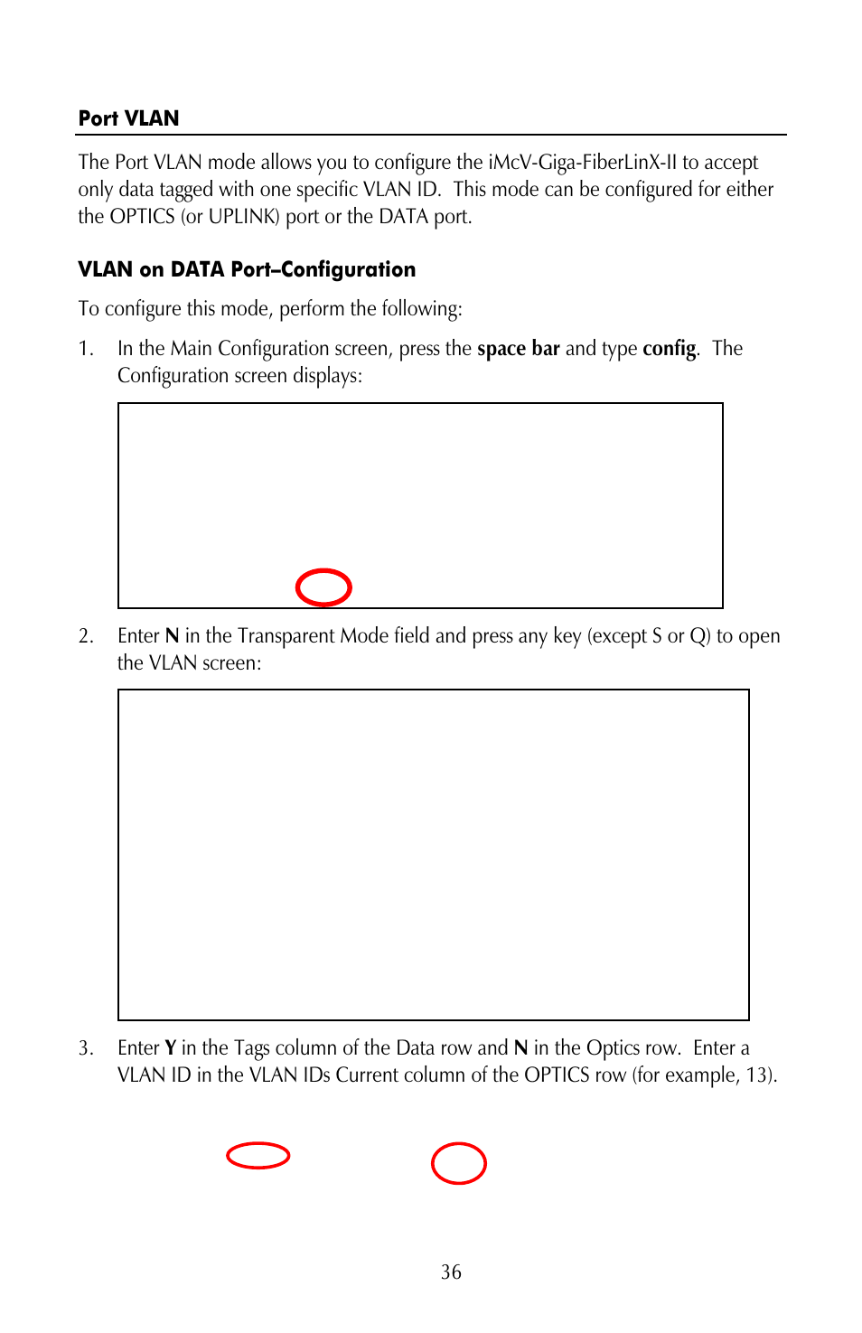 Port vlan, Vlan on data port–configuration | IMC Networks iMcV-Giga-FiberLinX-II User Manual | Page 40 / 60