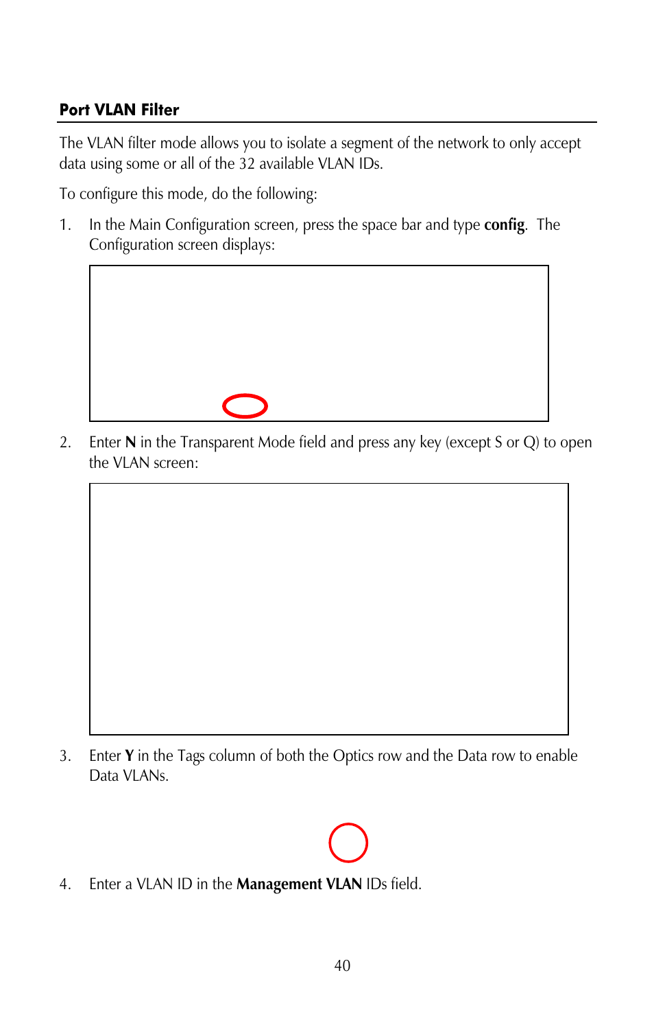 Port vlan filter, Enter a vlan id in the management vlan ids field | IMC Networks iMcV-Giga-FiberLinX-II User Manual | Page 44 / 60