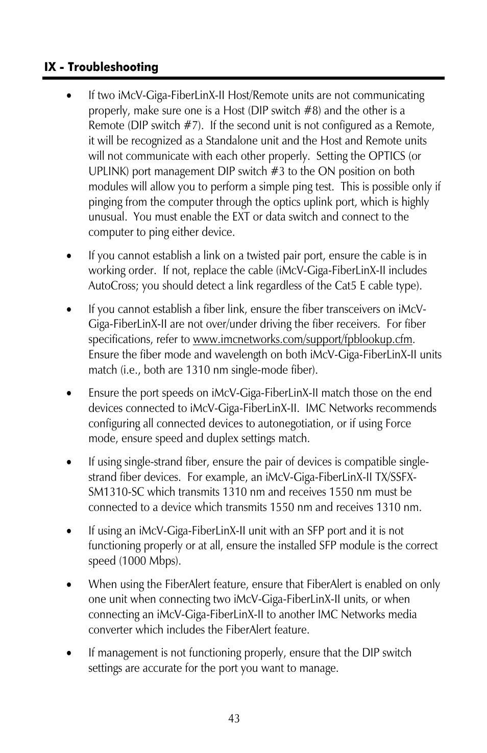 Ix - troubleshooting | IMC Networks iMcV-Giga-FiberLinX-II User Manual | Page 47 / 60