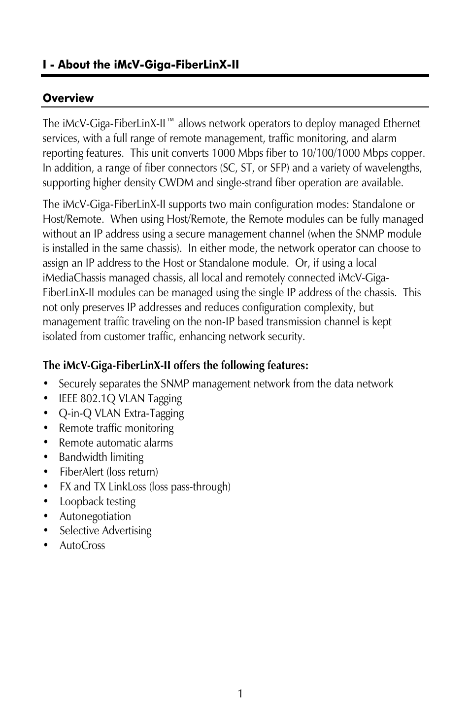 I - about the imcv-giga-fiberlinx-ii, Overview | IMC Networks iMcV-Giga-FiberLinX-II User Manual | Page 5 / 60