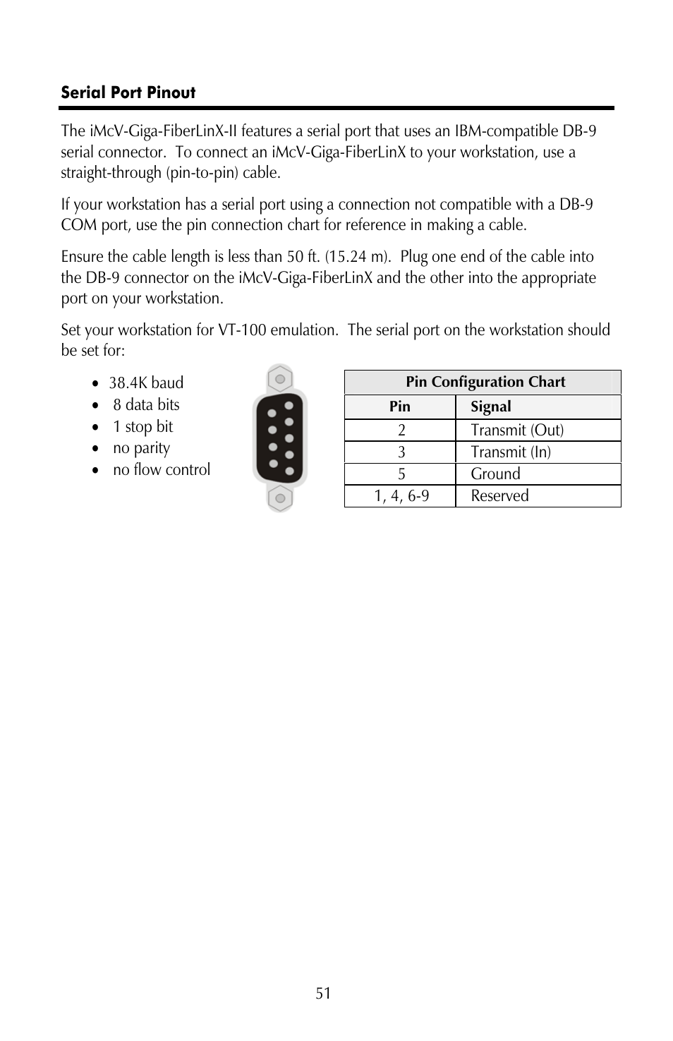 Serial port pinout, Serial port pinout on | IMC Networks iMcV-Giga-FiberLinX-II User Manual | Page 55 / 60