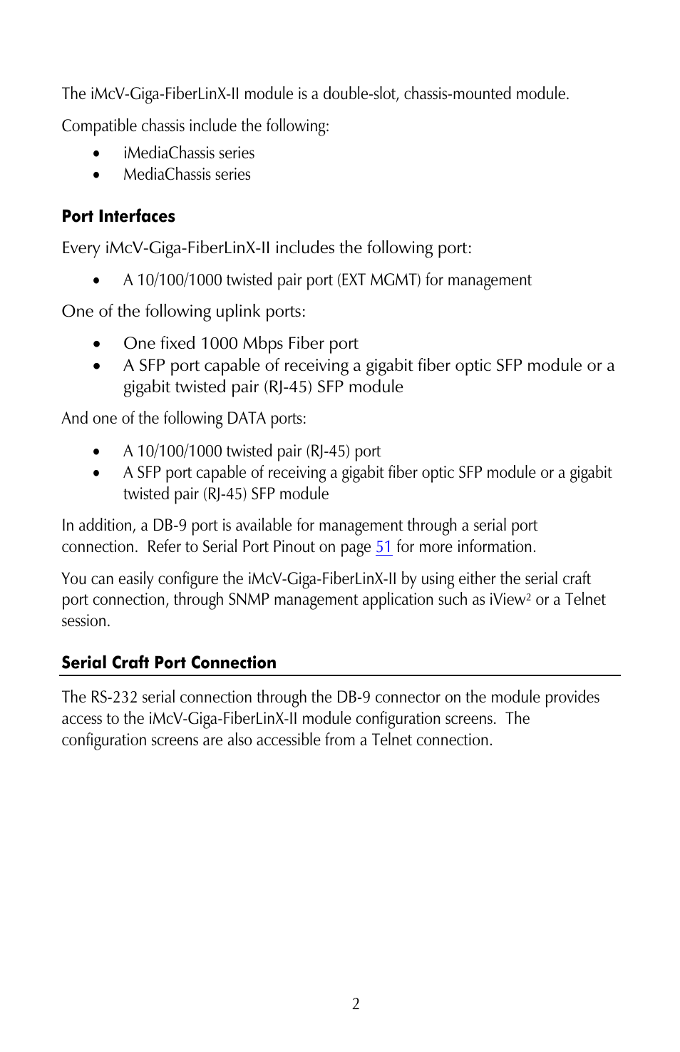 Port interfaces, Serial craft port connection | IMC Networks iMcV-Giga-FiberLinX-II User Manual | Page 6 / 60