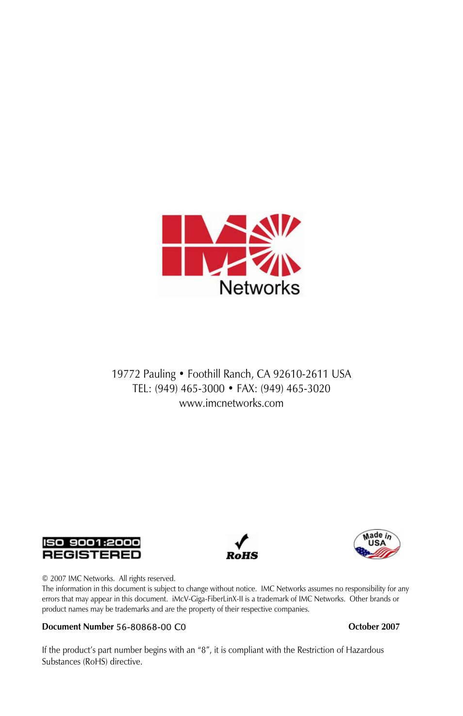 IMC Networks iMcV-Giga-FiberLinX-II User Manual | Page 60 / 60