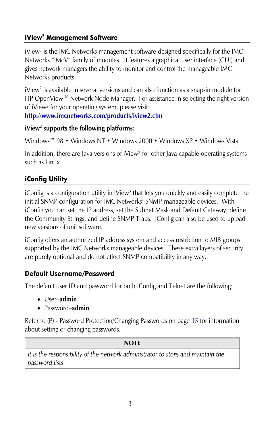 Iview2 management software, Iconfig utility, Default username/password | Iview management software | IMC Networks iMcV-Giga-FiberLinX-II User Manual | Page 7 / 60