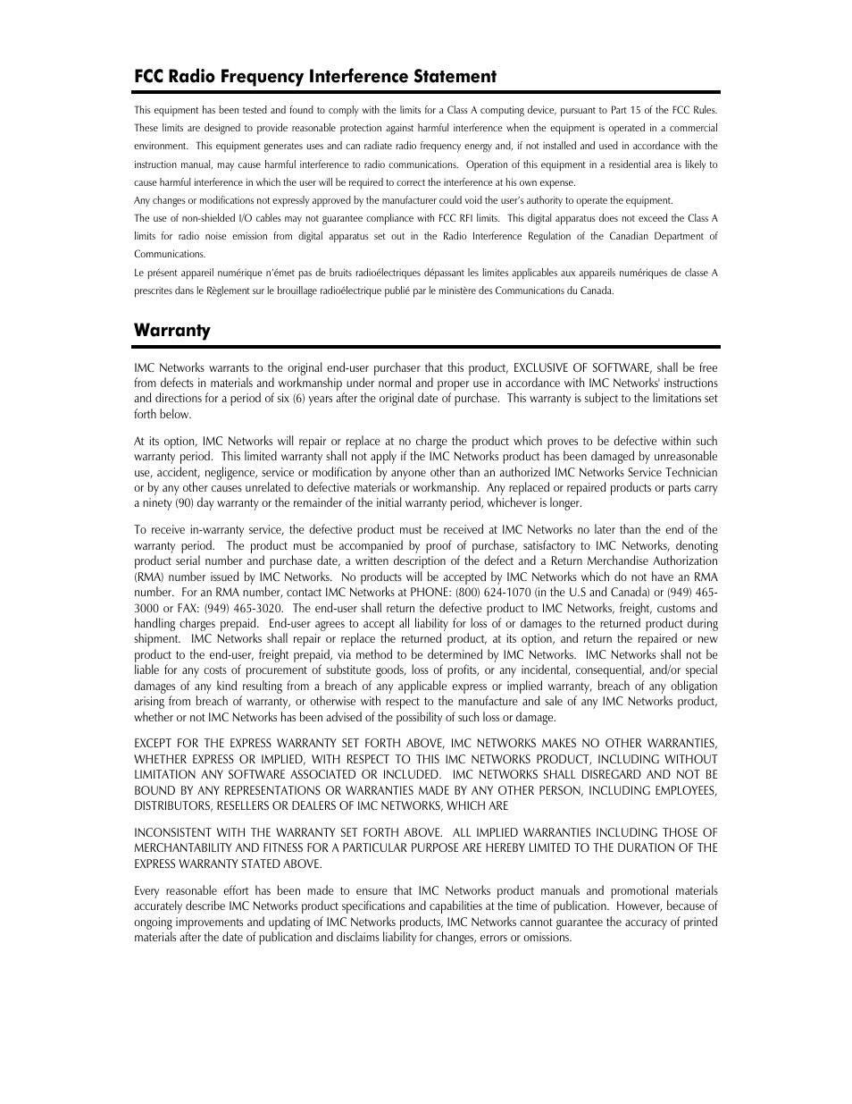 Fcc radio frequency interference statement, Warranty | IMC Networks IE-IMCV-T1-MUX/4 User Manual | Page 2 / 36