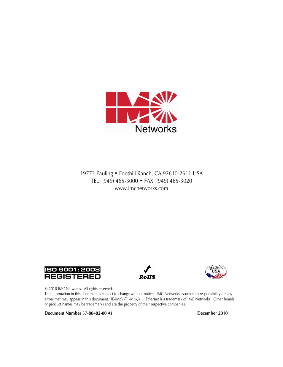 IMC Networks IE-IMCV-T1-MUX/4 User Manual | Page 36 / 36