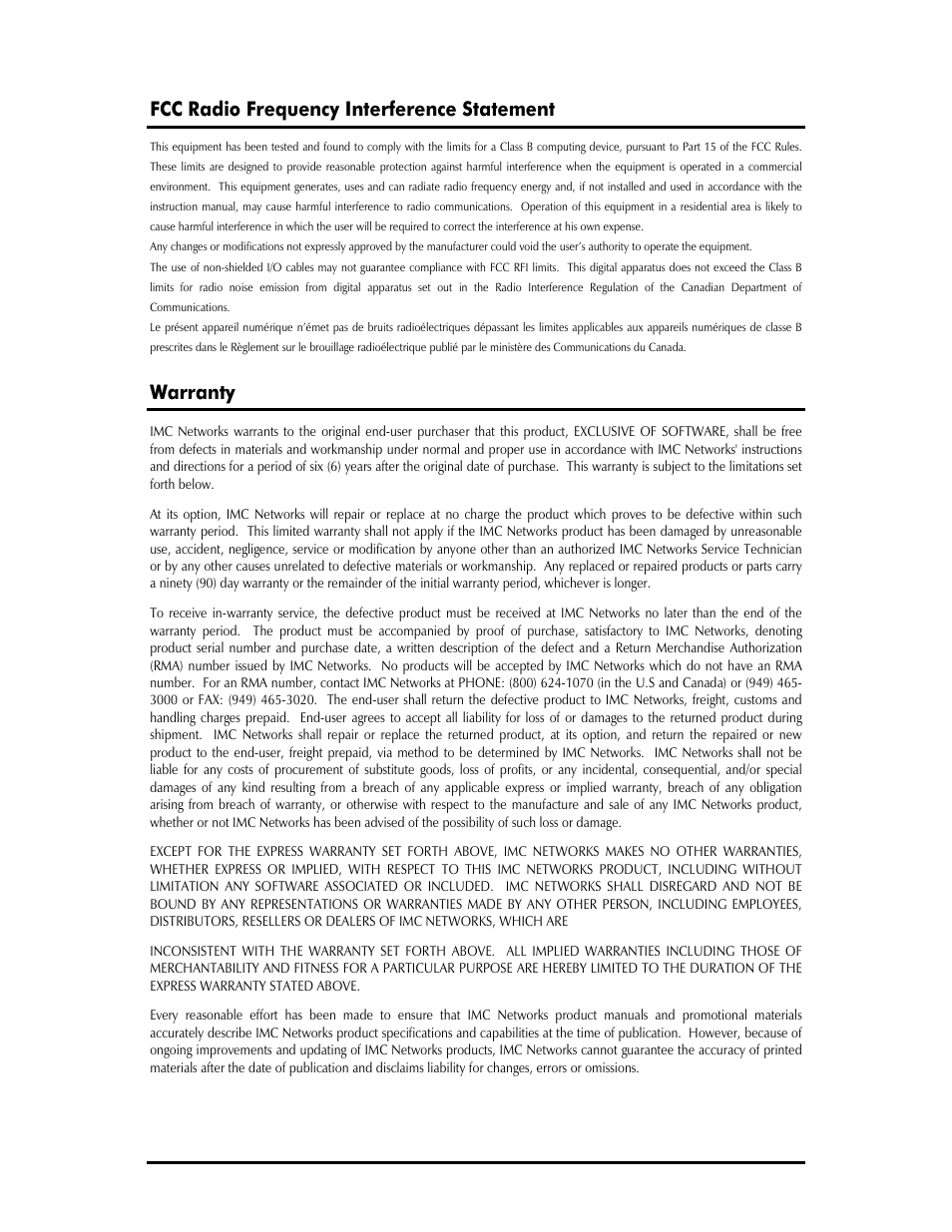 Fcc radio frequency interference statement, Warranty | IMC Networks Management Module SNMP User Manual | Page 2 / 24