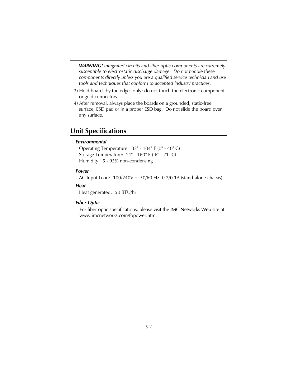 Unit specifications | IMC Networks FiberLinX User Manual | Page 22 / 32