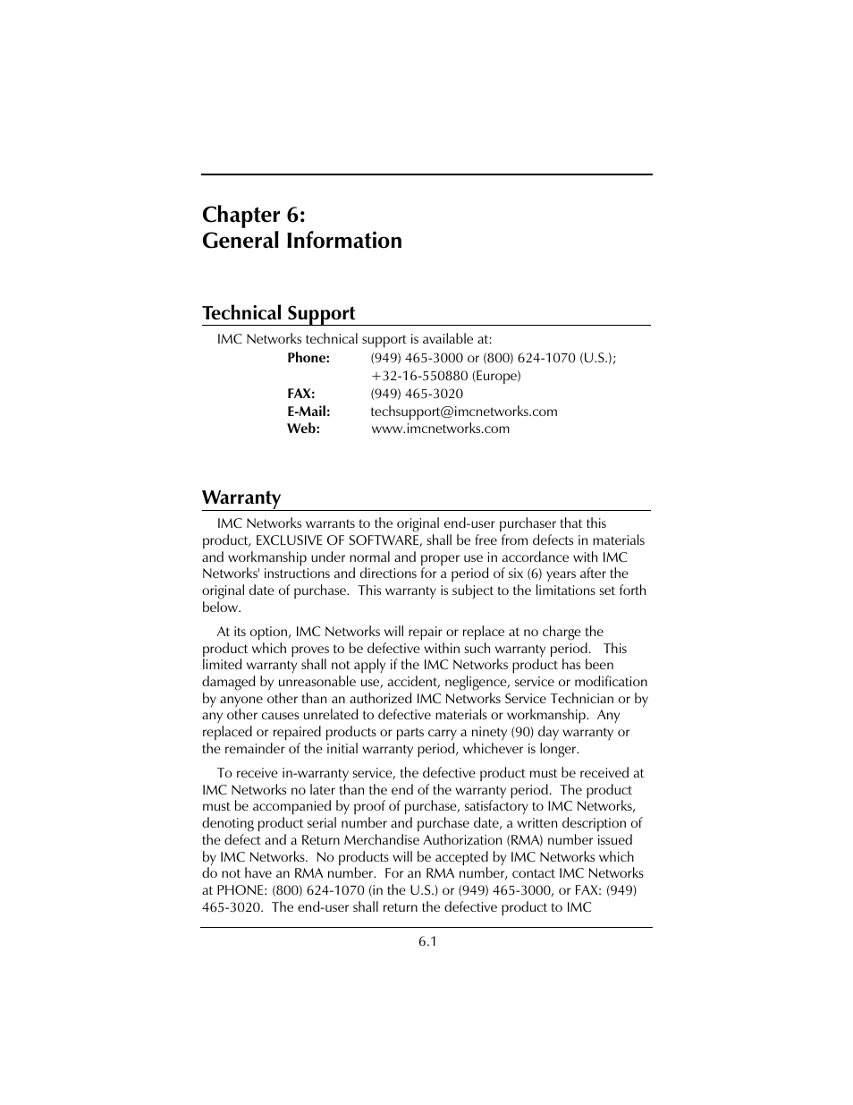 Chapter 6: general information, Technical support, Warranty | IMC Networks FiberLinX User Manual | Page 23 / 32
