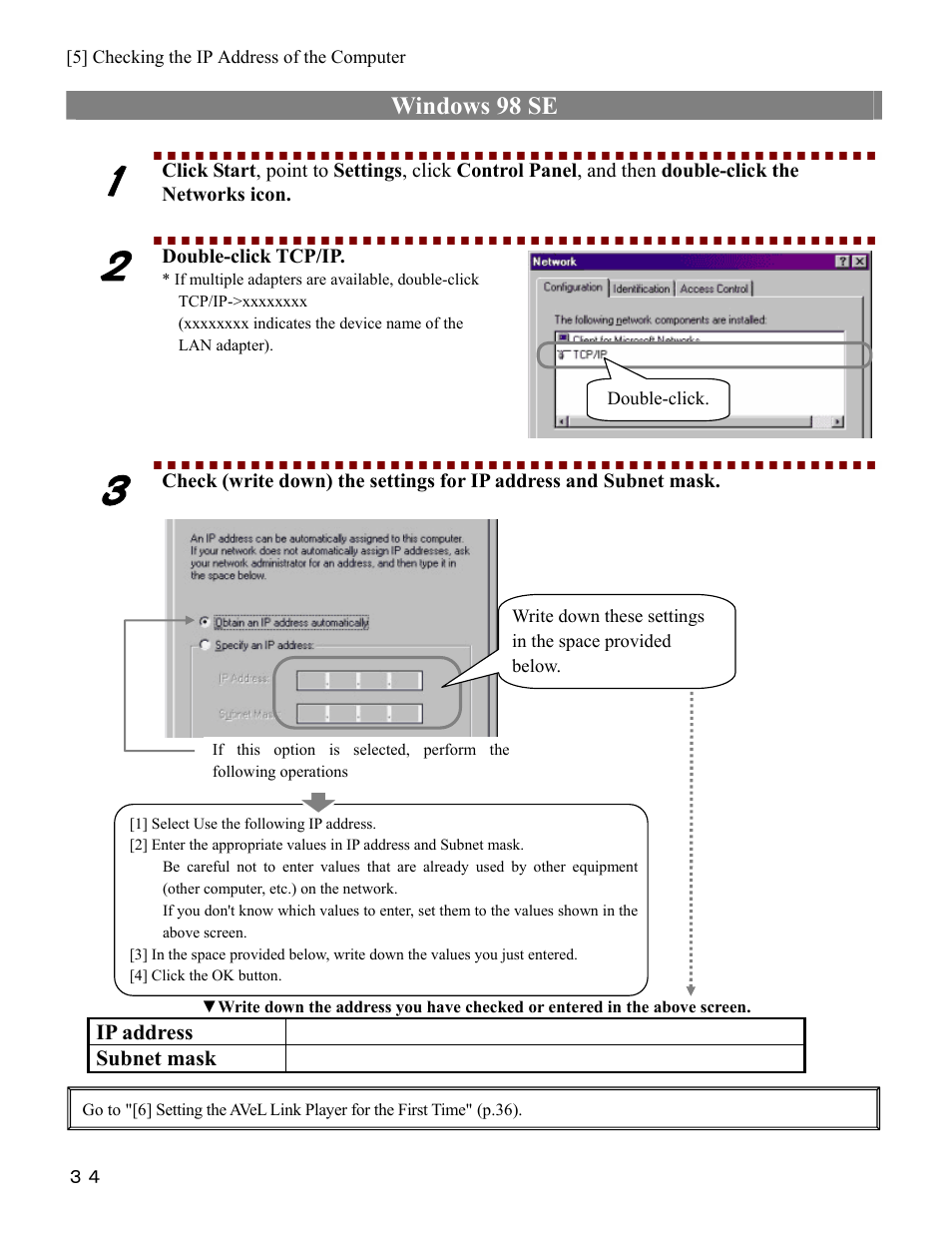 Windows 98 se, Ip address subnet mask, Double-click tcp/ip | I-O Display Systems SRDVD-100U User Manual | Page 36 / 84