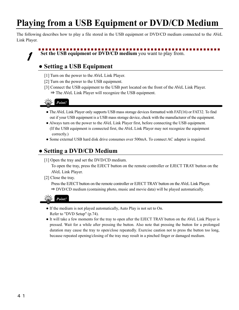 Playing from a usb equipment or dvd/cd medium, Setting a usb equipment, Setting a dvd/cd medium | I-O Display Systems SRDVD-100U User Manual | Page 43 / 84