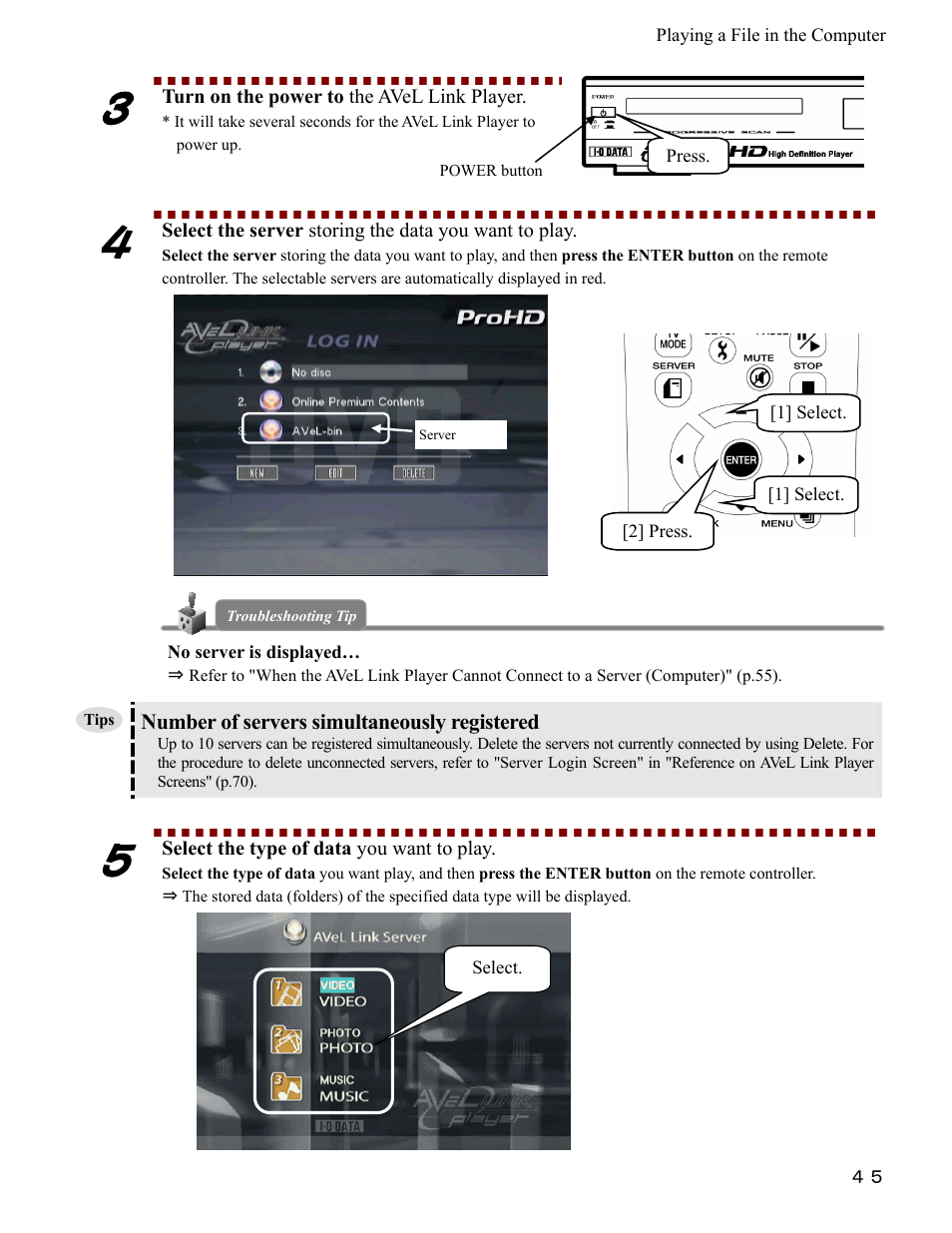 Number of servers simultaneously registered, Turn on the power to the avel link player, Select the type of data you want to play | I-O Display Systems SRDVD-100U User Manual | Page 47 / 84