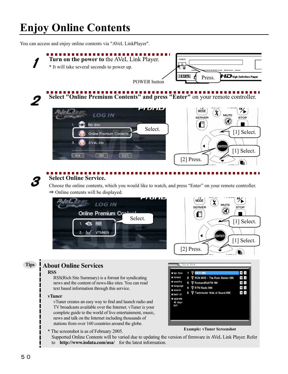 Enjoy online contents, About online services, Turn on the power to the avel link player | Select online service | I-O Display Systems SRDVD-100U User Manual | Page 52 / 84