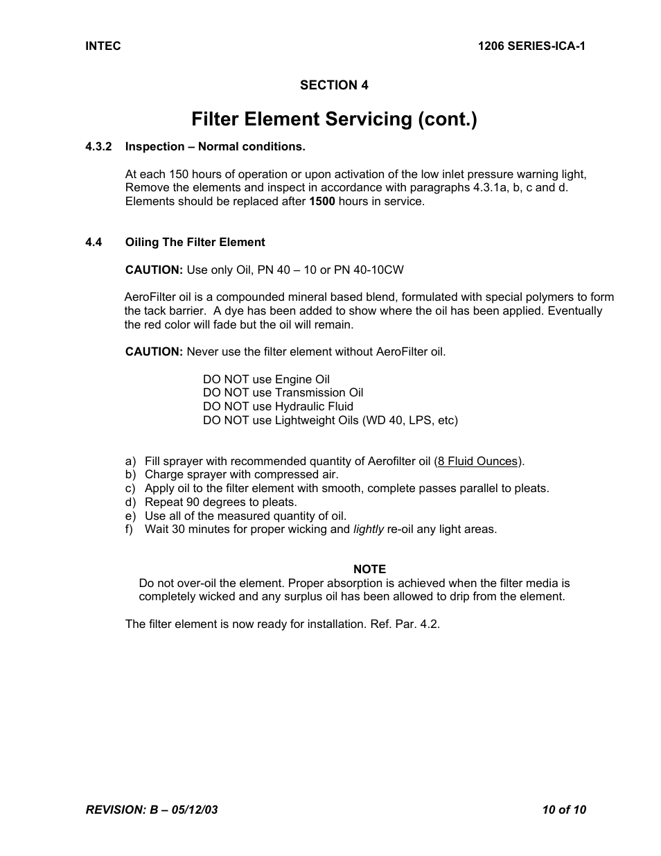 Filter element servicing (cont.) | Intec STC SR00180SE User Manual | Page 10 / 10