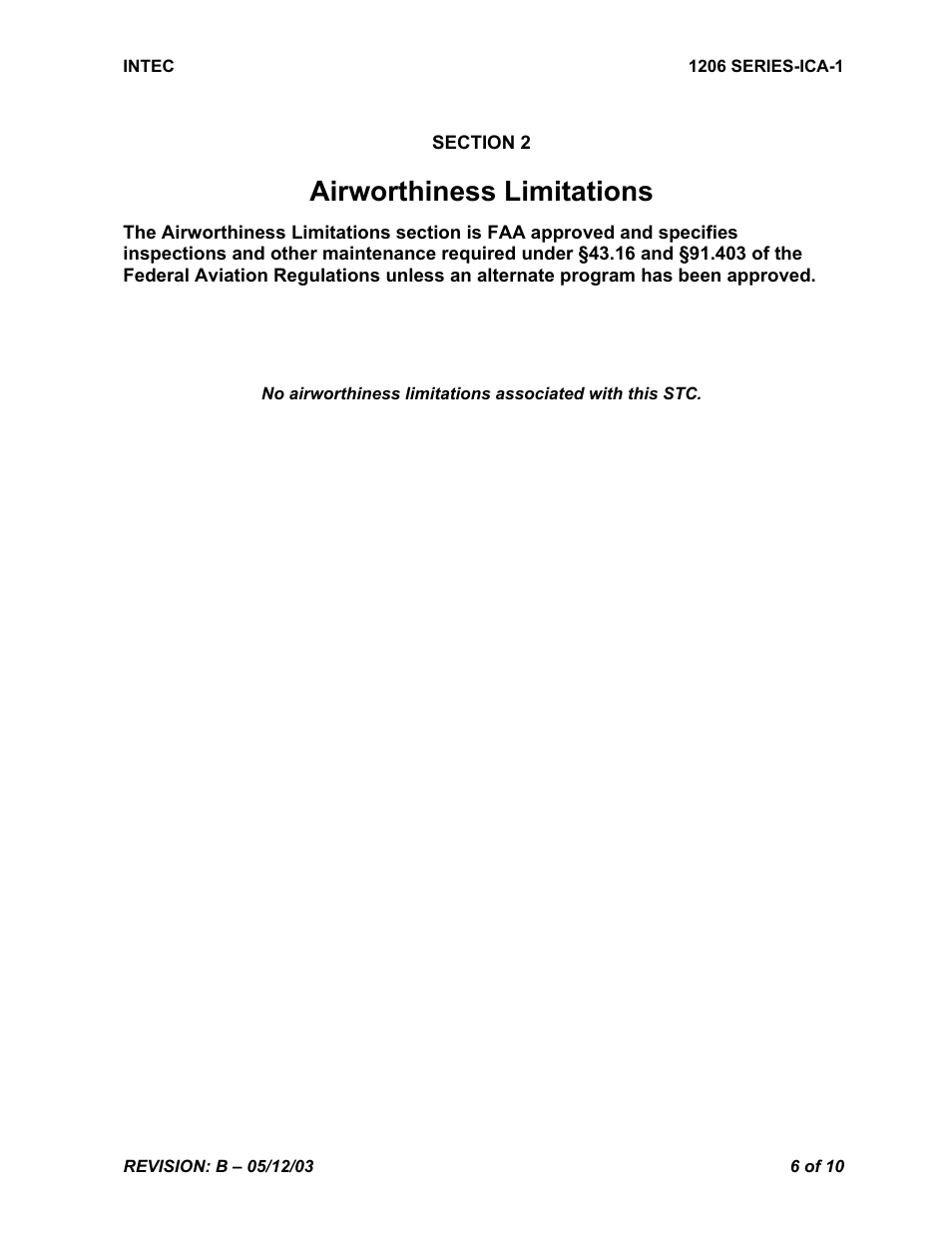 Airworthiness limitations | Intec STC SR00180SE User Manual | Page 6 / 10