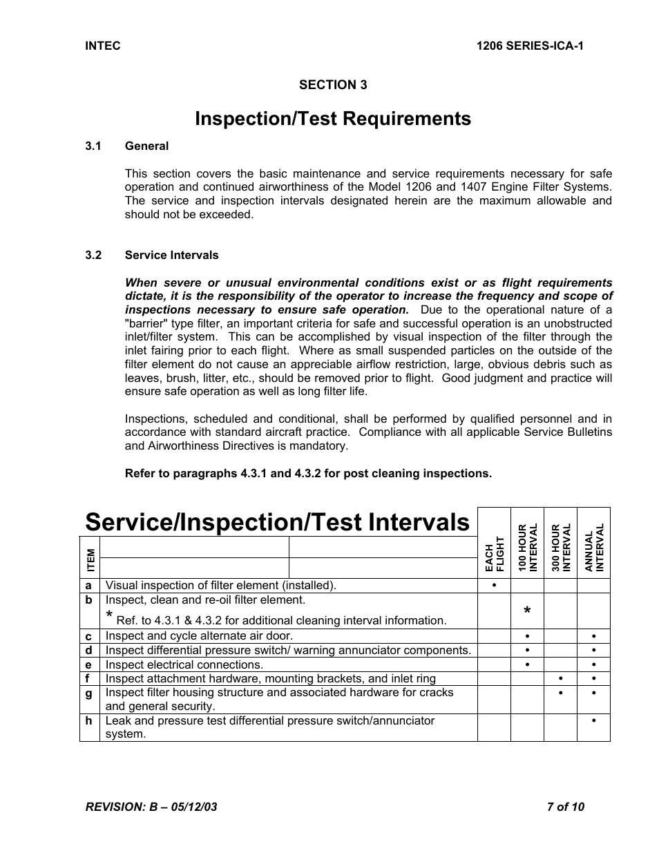 Service/inspection/test intervals, Inspection/test requirements | Intec STC SR00180SE User Manual | Page 7 / 10