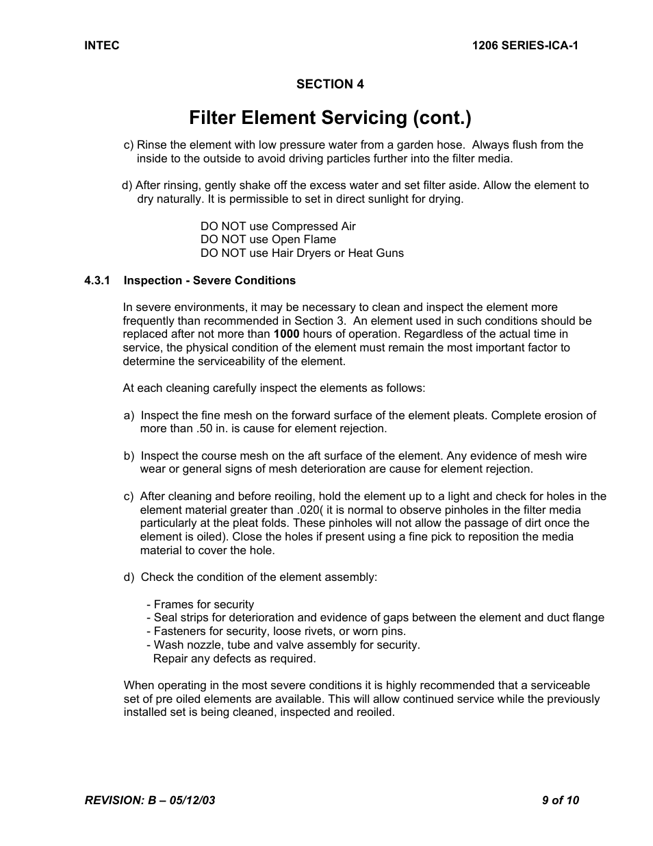 Filter element servicing (cont.) | Intec STC SR00180SE User Manual | Page 9 / 10