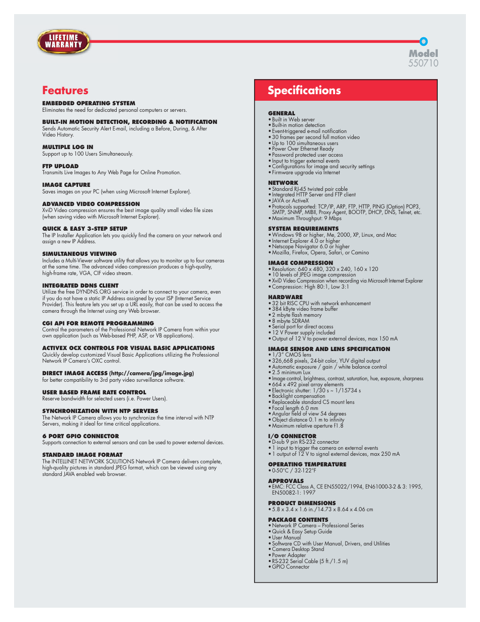 Network ip camera, Professional series, Features | Speciﬁ cations, Quick & easy 3-step setup, Multiple log-in, User based frame rate control, Web-view software, Software developer support, Motion detection | Intellinet Network Solutions 550710 User Manual | Page 2 / 3