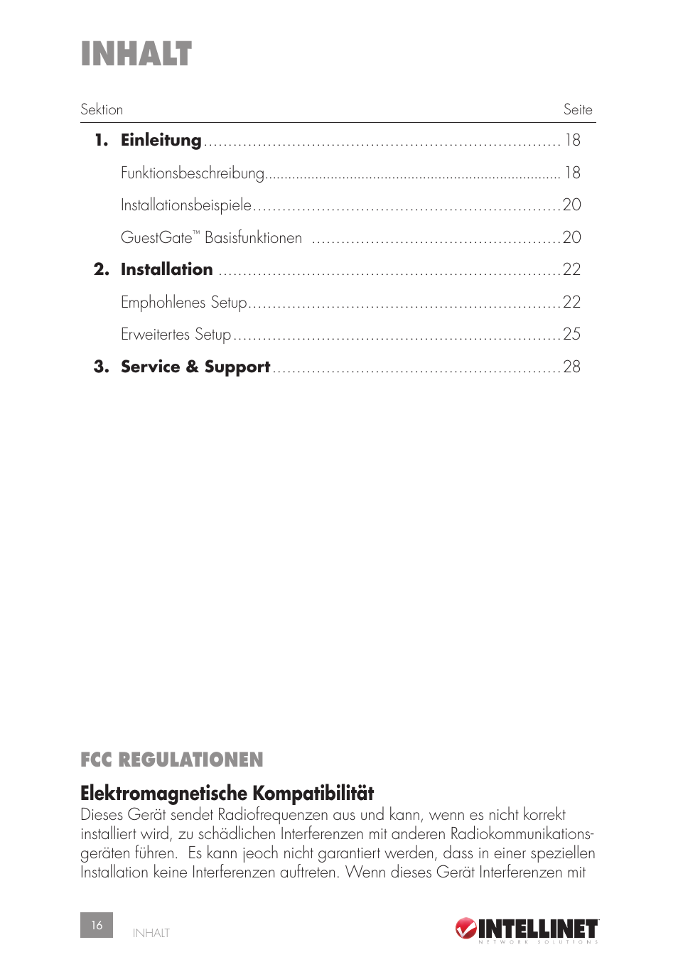 Inhalt, Fcc regulationen elektromagnetische kompatibilität | Intellinet Network Solutions GUESTGATETM HOTSPOT GATEWAY 523240 User Manual | Page 16 / 88