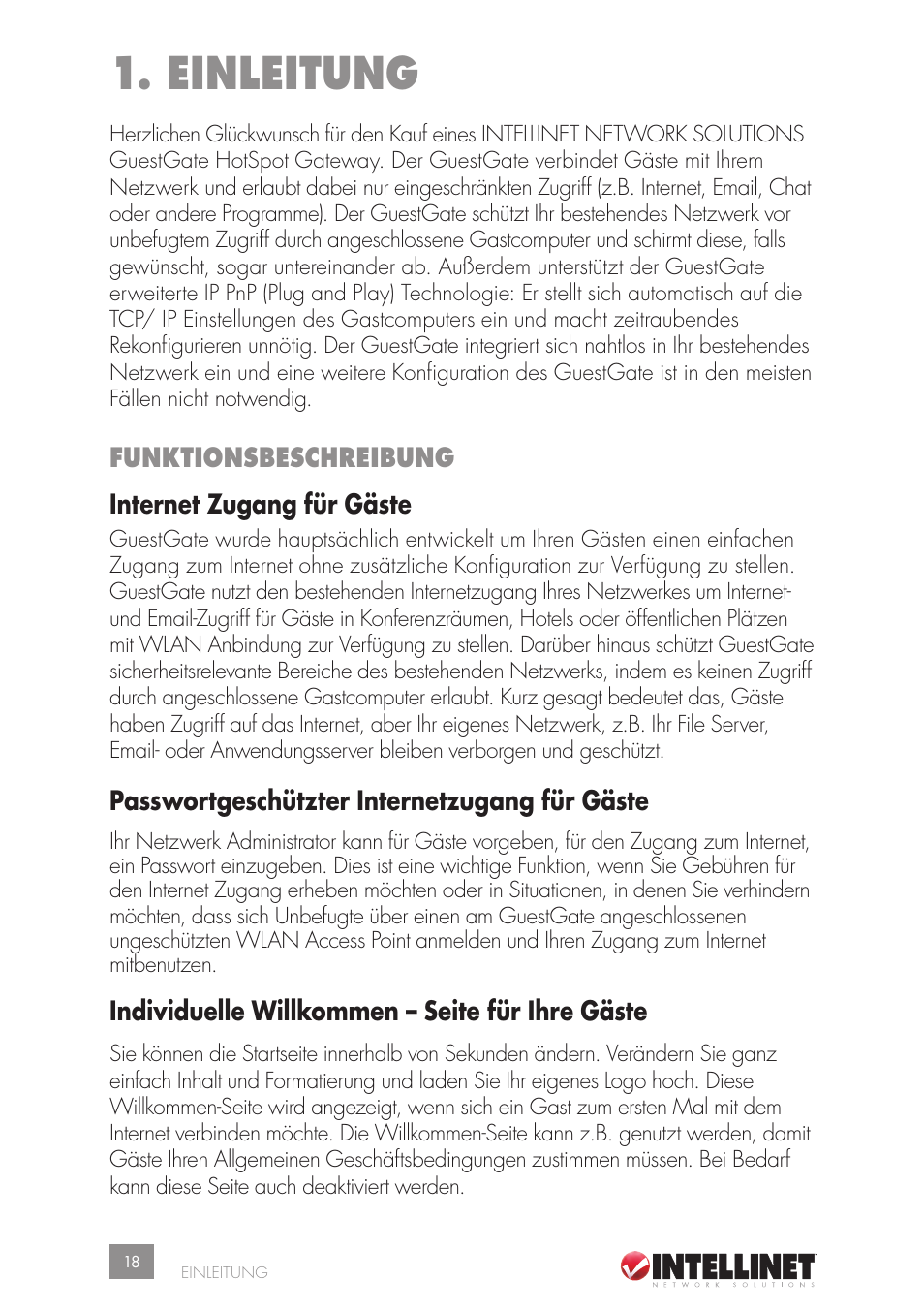 Einleitung, Funktionsbeschreibung internet zugang für gäste, Passwortgeschützter internetzugang für gäste | Individuelle willkommen – seite für ihre gäste | Intellinet Network Solutions GUESTGATETM HOTSPOT GATEWAY 523240 User Manual | Page 18 / 88