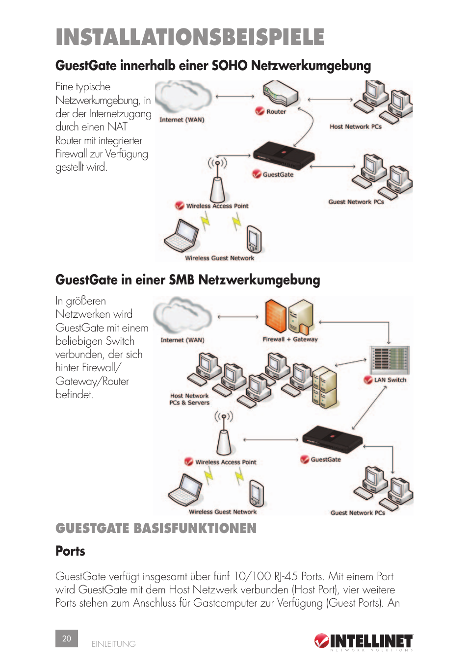Installationsbeispiele, Guestgate innerhalb einer soho netzwerkumgebung, Guestgate in einer smb netzwerkumgebung | Guestgate basisfunktionen, Ports | Intellinet Network Solutions GUESTGATETM HOTSPOT GATEWAY 523240 User Manual | Page 20 / 88
