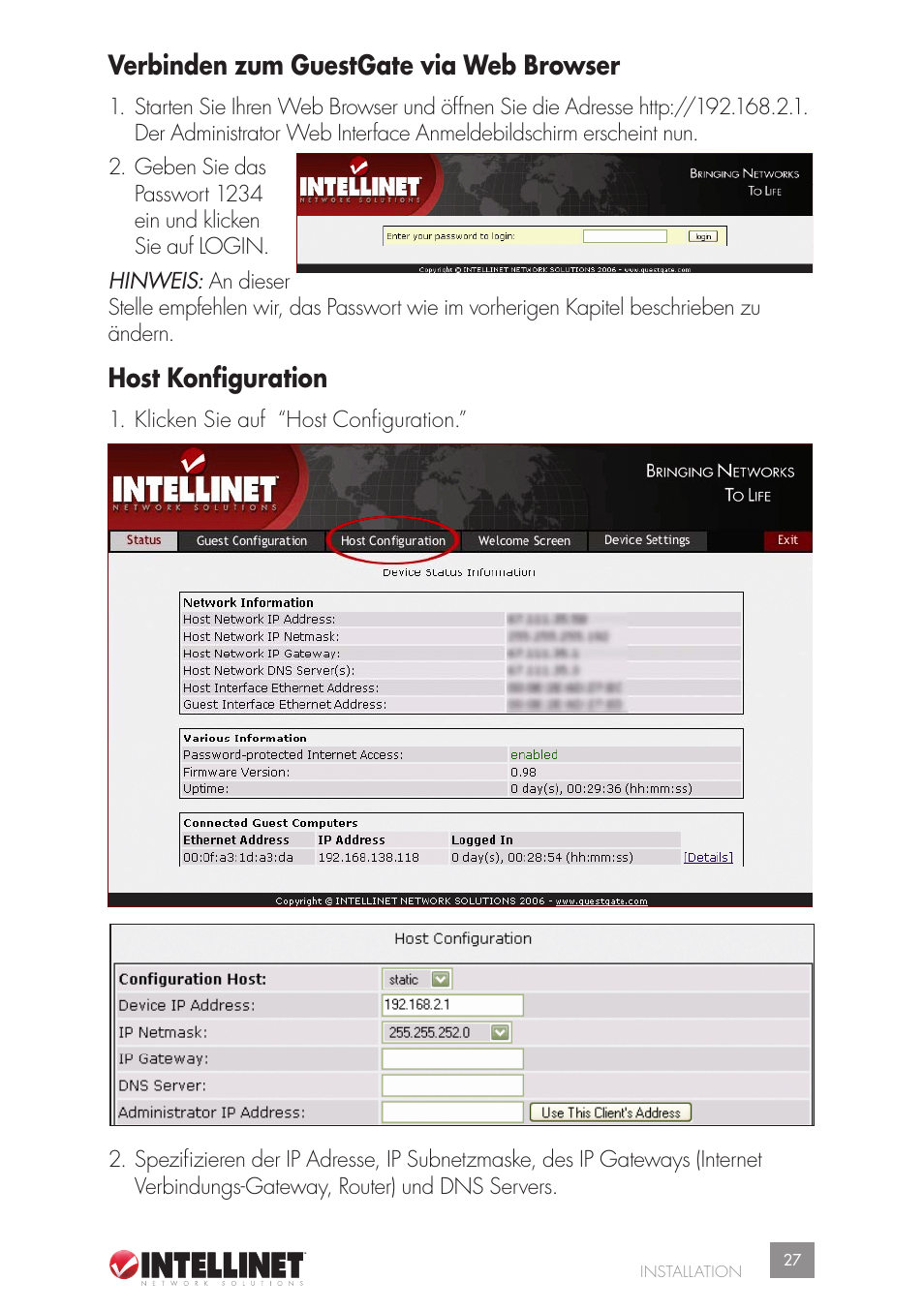 Verbinden zum guestgate via web browser, Host konfiguration | Intellinet Network Solutions GUESTGATETM HOTSPOT GATEWAY 523240 User Manual | Page 27 / 88