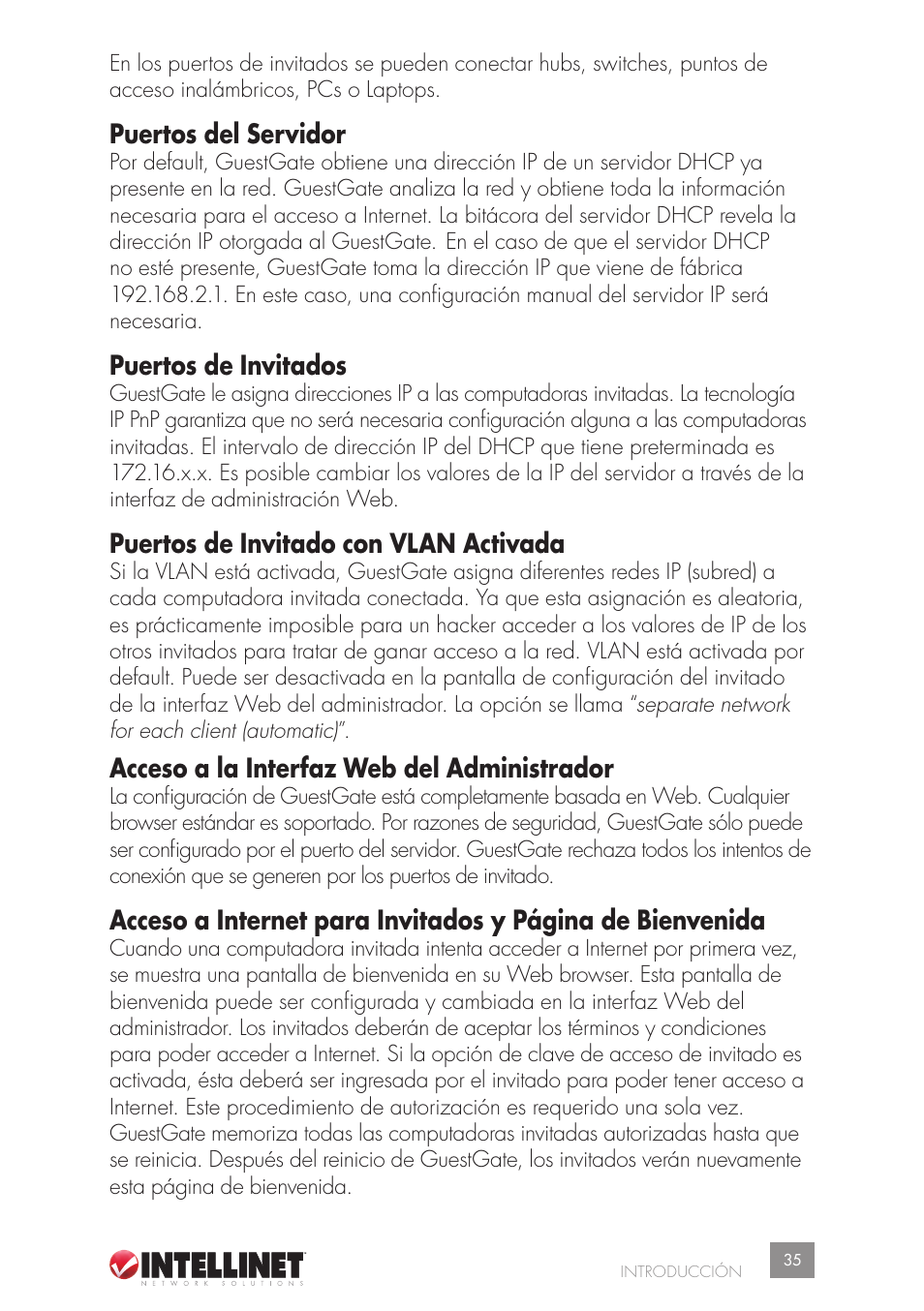 Puertos del servidor, Puertos de invitados, Puertos de invitado con vlan activada | Acceso a la interfaz web del administrador | Intellinet Network Solutions GUESTGATETM HOTSPOT GATEWAY 523240 User Manual | Page 35 / 88