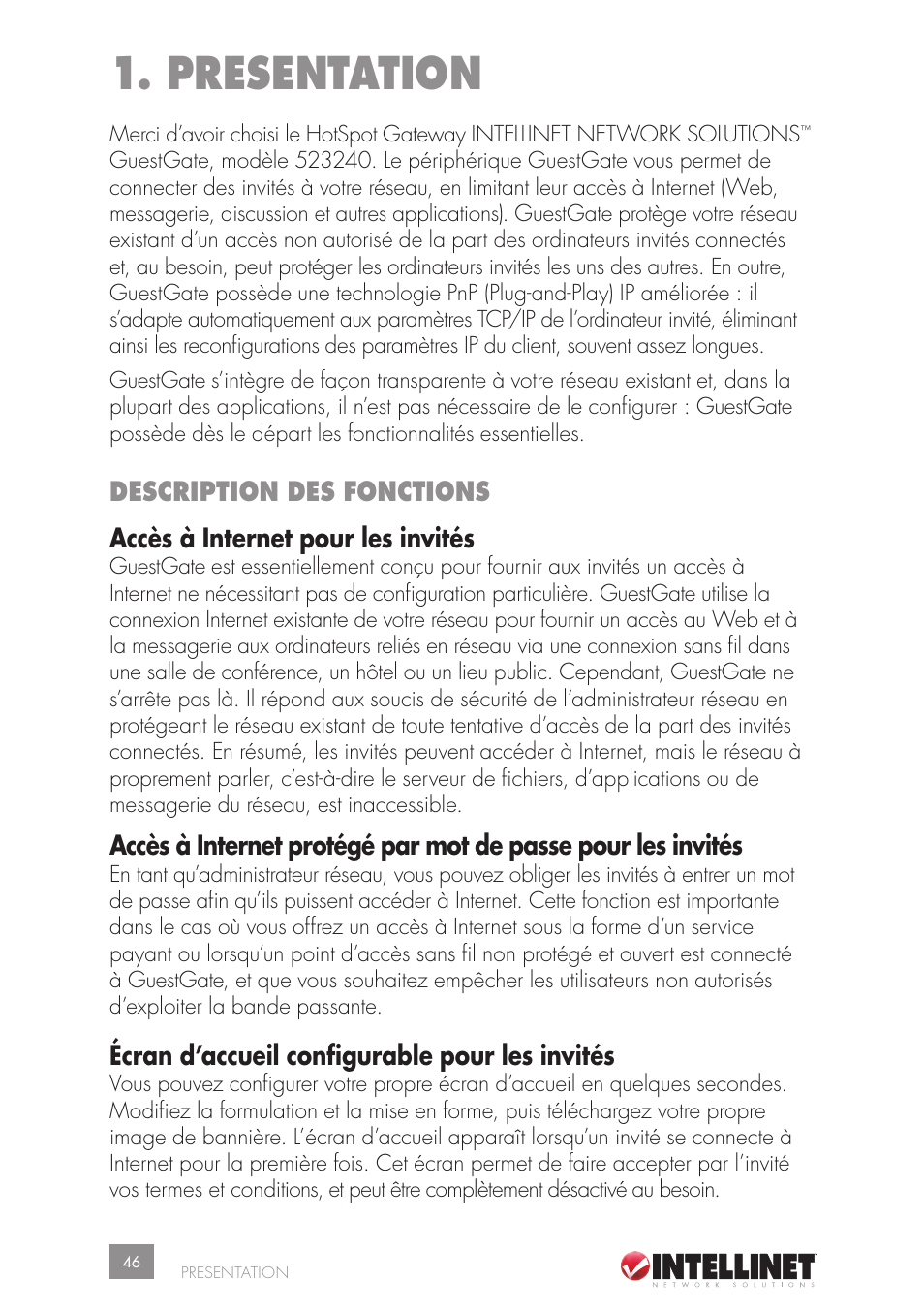 Presentation, Écran d’accueil configurable pour les invités | Intellinet Network Solutions GUESTGATETM HOTSPOT GATEWAY 523240 User Manual | Page 46 / 88