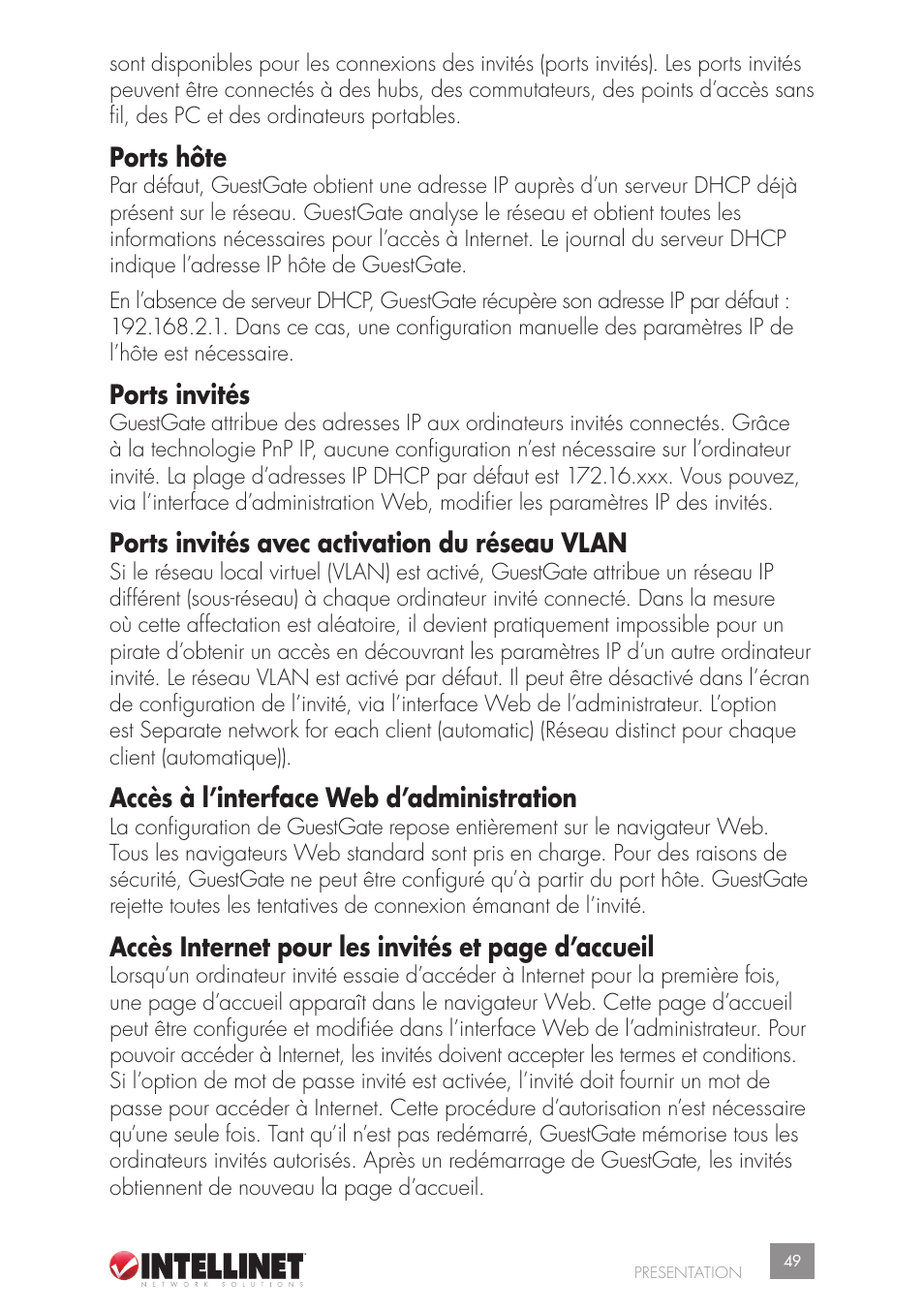 Ports hôte, Ports invités, Ports invités avec activation du réseau vlan | Accès à l’interface web d’administration, Accès internet pour les invités et page d’accueil | Intellinet Network Solutions GUESTGATETM HOTSPOT GATEWAY 523240 User Manual | Page 49 / 88
