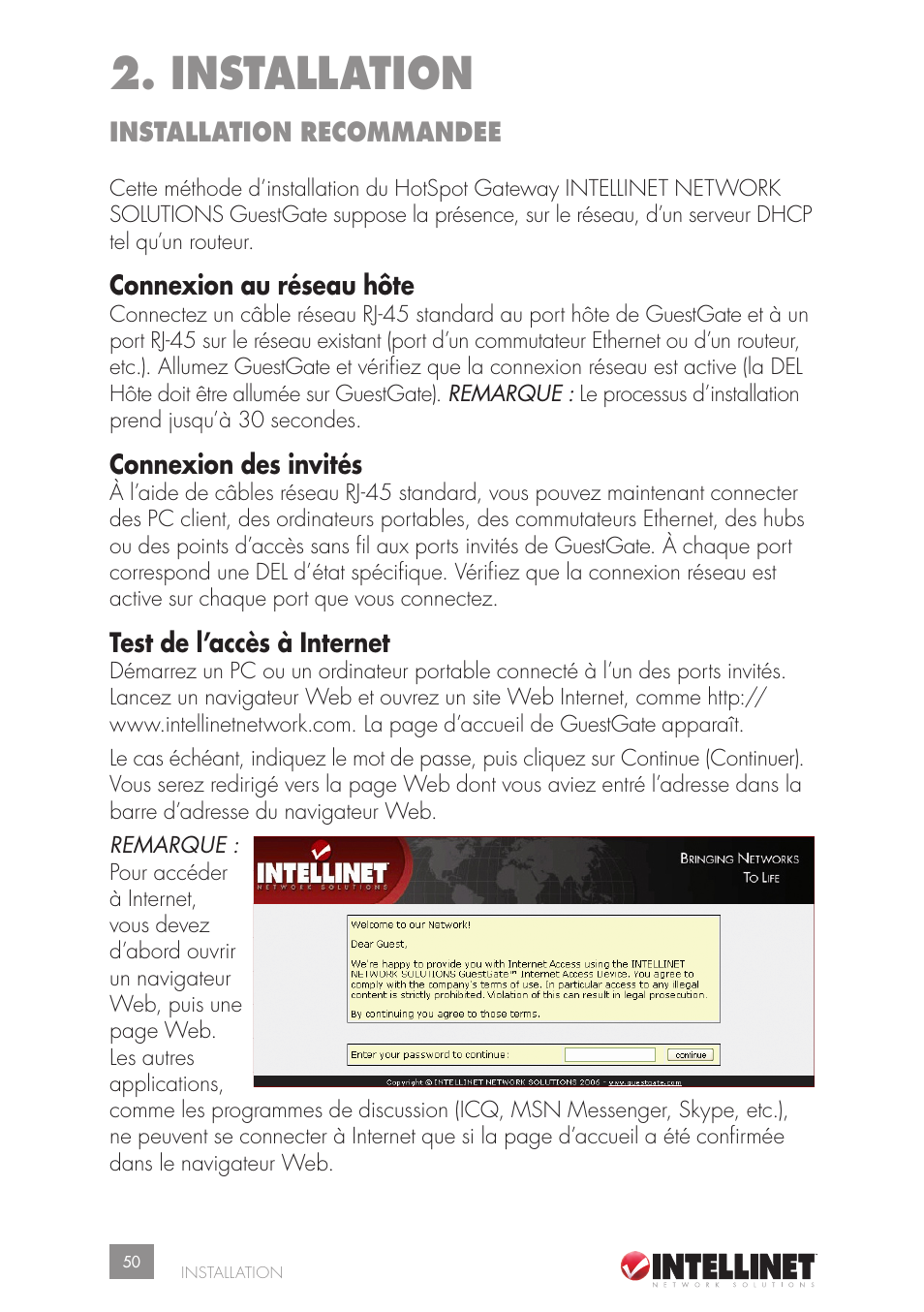 Installation, Installation recommandee, Connexion au réseau hôte | Connexion des invités, Test de l’accès à internet | Intellinet Network Solutions GUESTGATETM HOTSPOT GATEWAY 523240 User Manual | Page 50 / 88